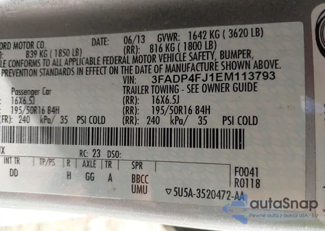 2014 Ford Fiesta Titanium z USA, uszkodzony, nr VIN 3FADP4FJ1EM113793